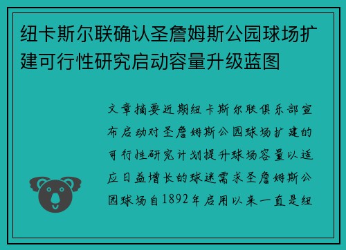 纽卡斯尔联确认圣詹姆斯公园球场扩建可行性研究启动容量升级蓝图